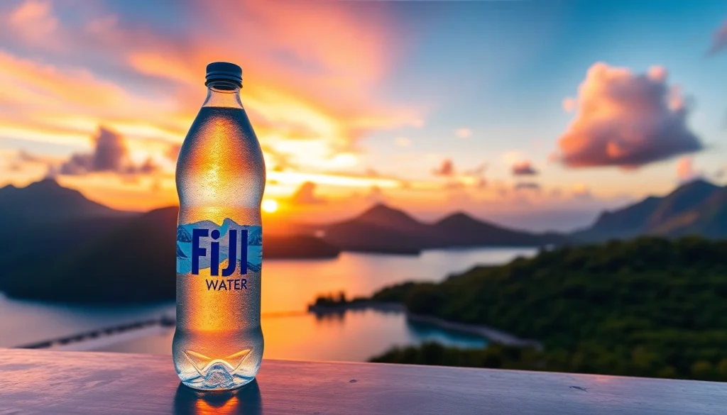 Pour Fiji Water from a beautifully designed bottle against Fiji's stunning natural backdrop during sunset.