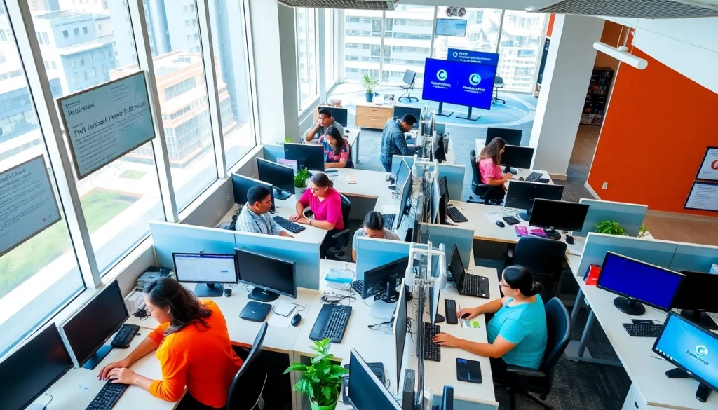 Dynamic scene of call centers in Tijuana Mexico with agents engaged in customer service.