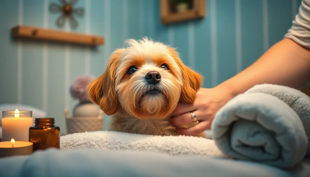 Pamper your pet with a luxurious groomer experience, showcasing a dog being pampered in a cozy spa setting.