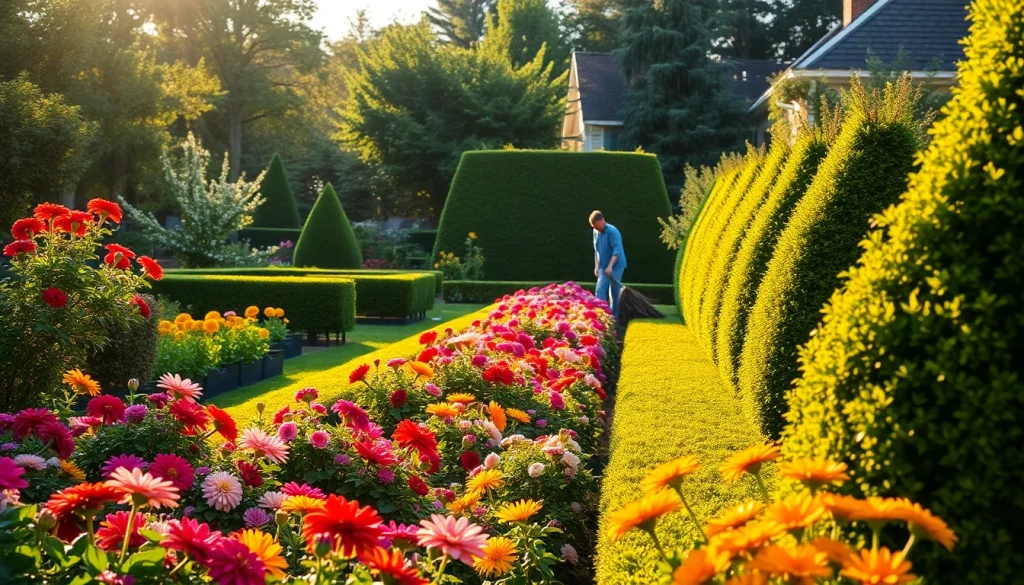 Enhance garden maintenance with vibrant flowers and a gardener applying mulch in natural light.