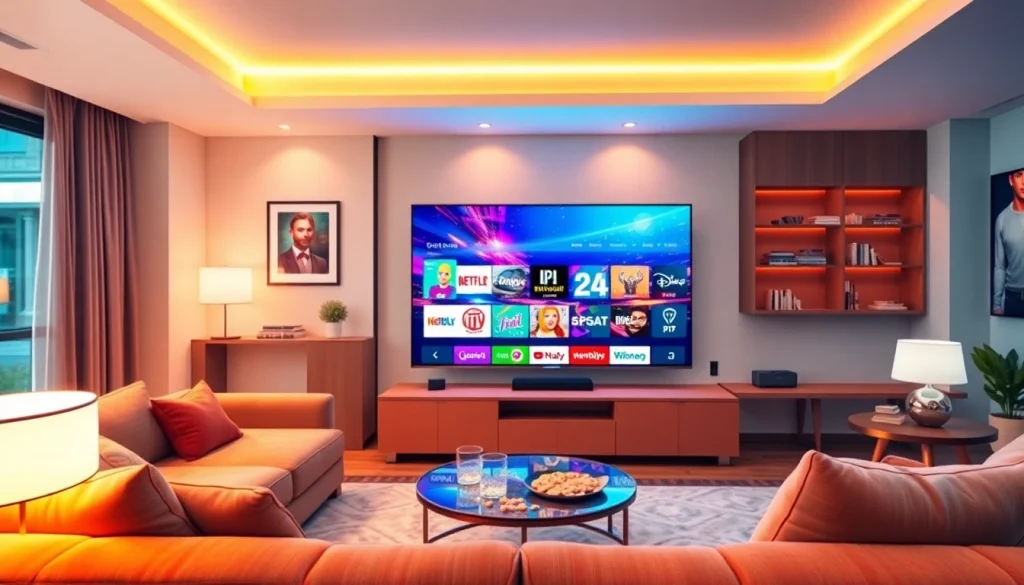 Enjoy a premium abonnement iptv experience in a cozy living room with a large screen TV.