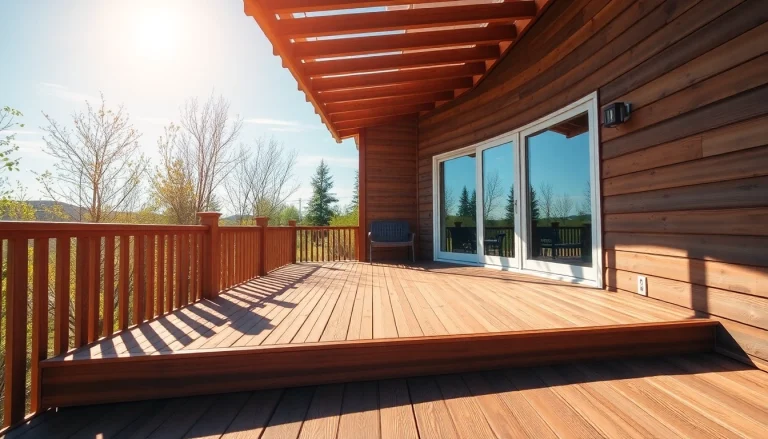 Illustrate the deck construction process using wooden materials in a sunny setting.