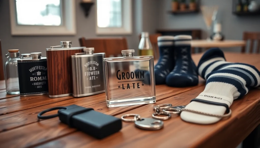 Explore unique cheap groomsmen gifts like personalized flasks and keychains on a rustic wooden table.