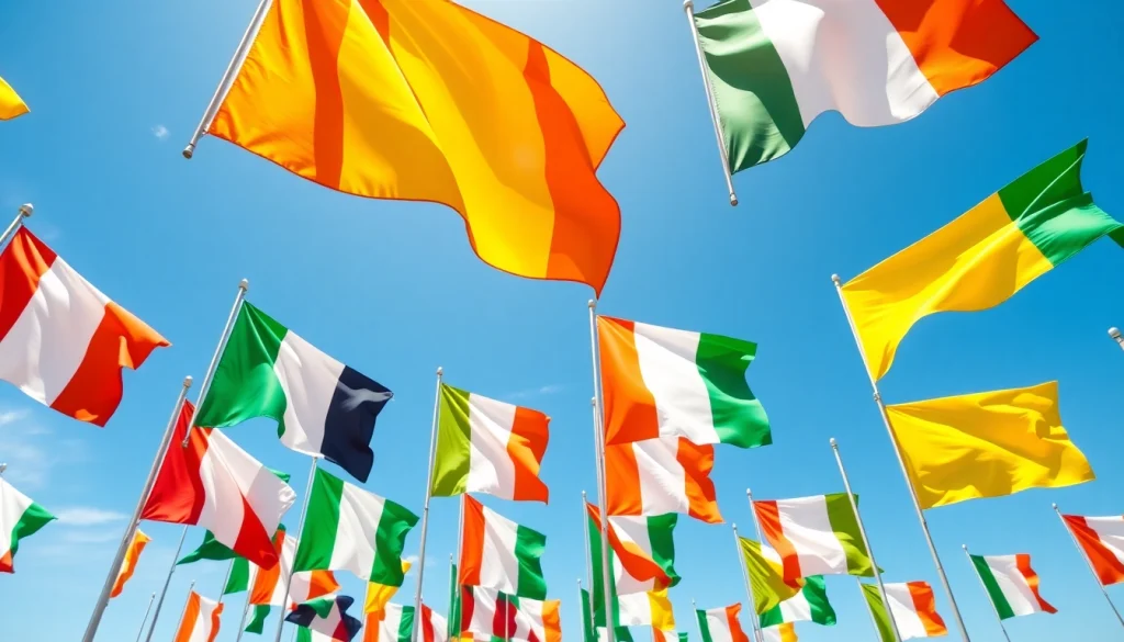 Showcase custom flags Ireland, featuring vibrant designs waving in the wind under a bright blue sky.