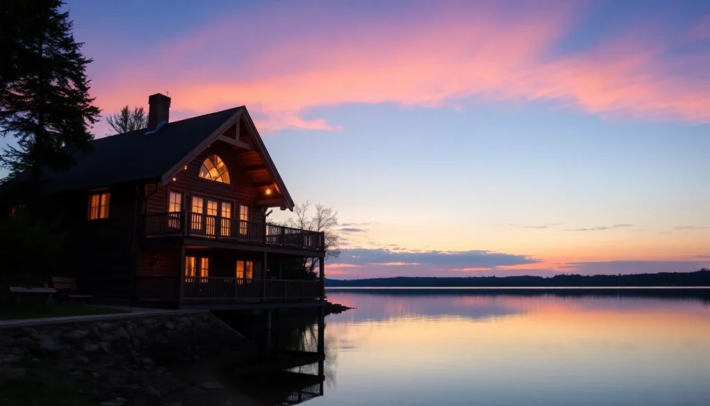 Relax in a serene wooden house at lubie dom, perfectly situated by Lake Lubie with a stunning reflection.