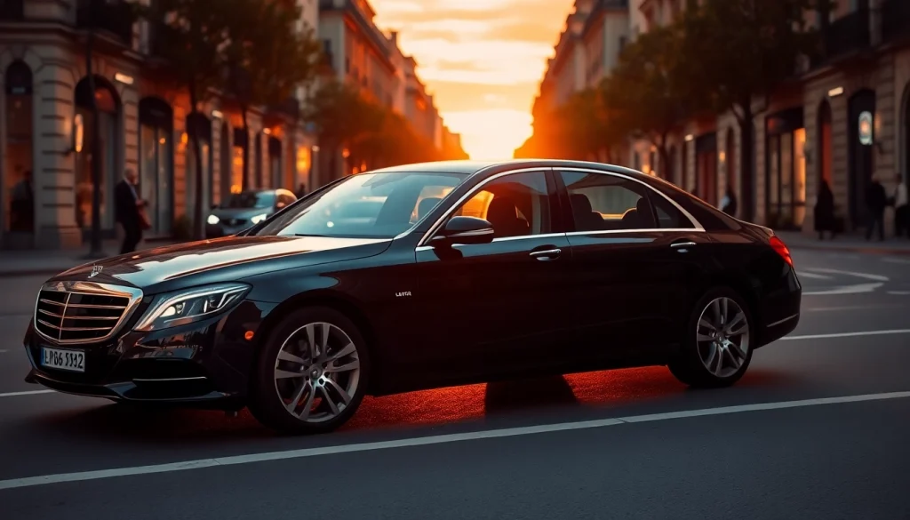 Luxury hire chauffeur Madrid showcasing an elegant black sedan on a vibrant street in Madrid.