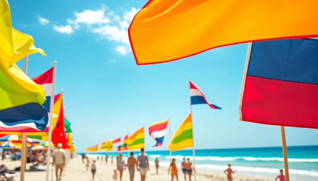 Observe beach flags indicating water conditions at a sunny beach, promoting safety and awareness for swimmers.