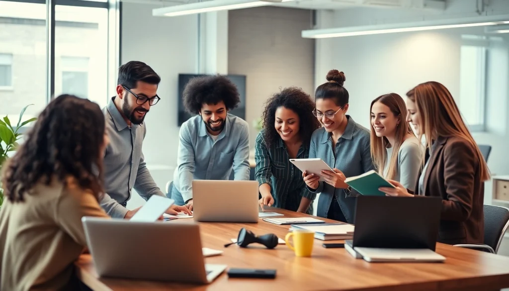 Team collaborating on outsourcing strategies in a bright office setting