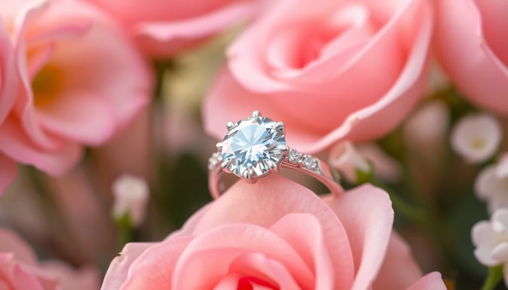 Showcase an exquisite 2 Carat Engagement Ring with stunning details, set against a romantic floral backdrop.