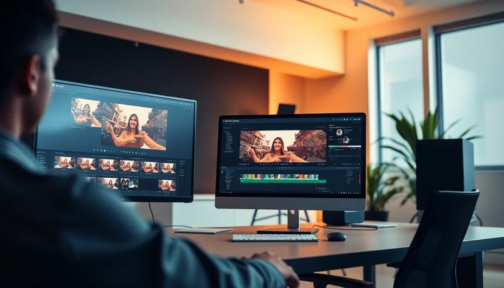 Edit corporate video editing clips on a sleek computer setup demonstrating creative video production techniques.