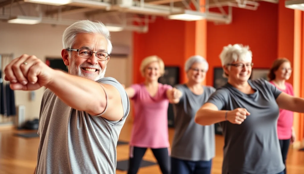 Engaging in Senior Fitness Training with resistance bands in a bright, inviting gym environment.