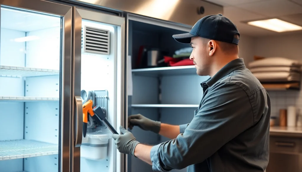 Technician performing commercial refrigerator repair in a busy restaurant kitchen with tools.