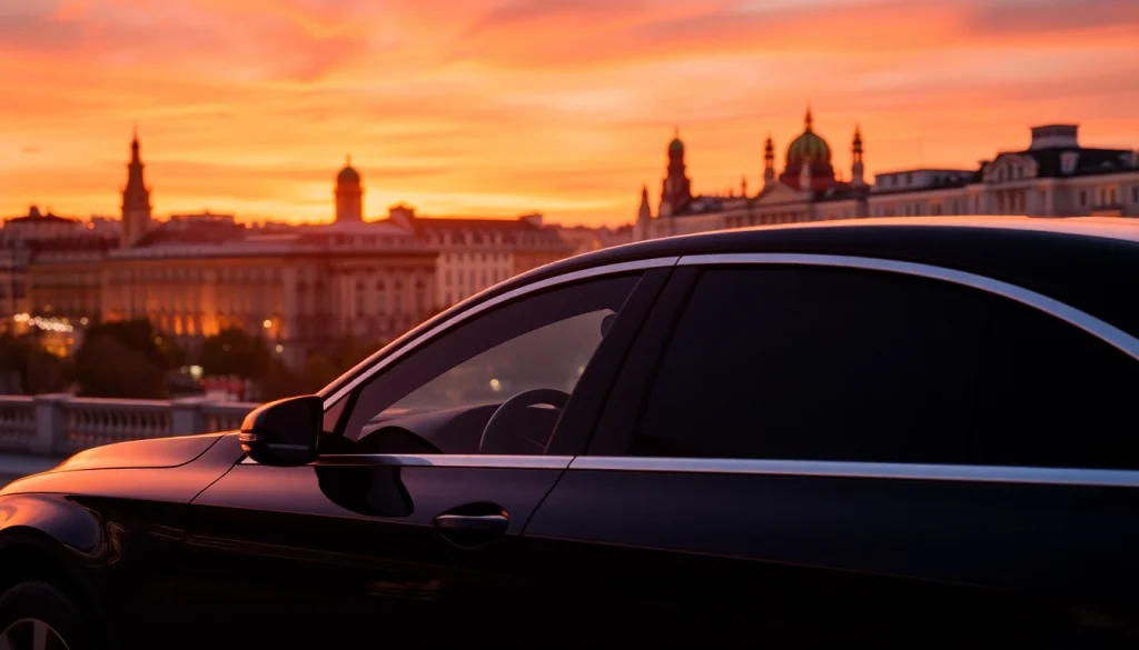 Luxury hire chauffeur Madrid transports clients in a stylish black car featuring Madrid's skyline in the background.