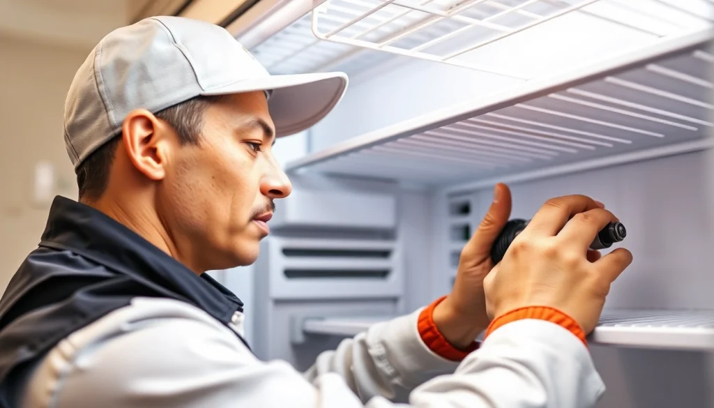 Technician conducting commercial refrigerator repair with tools, ensuring optimal appliance functionality.