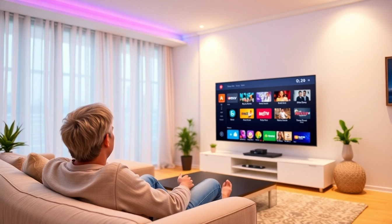 Stream a free iptv trial while relaxing in a modern living room with UHD TV setup.