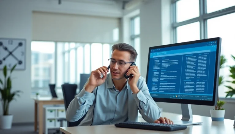 Engage in real estate cold calling services from a professional office setting, showcasing leads on a screen.