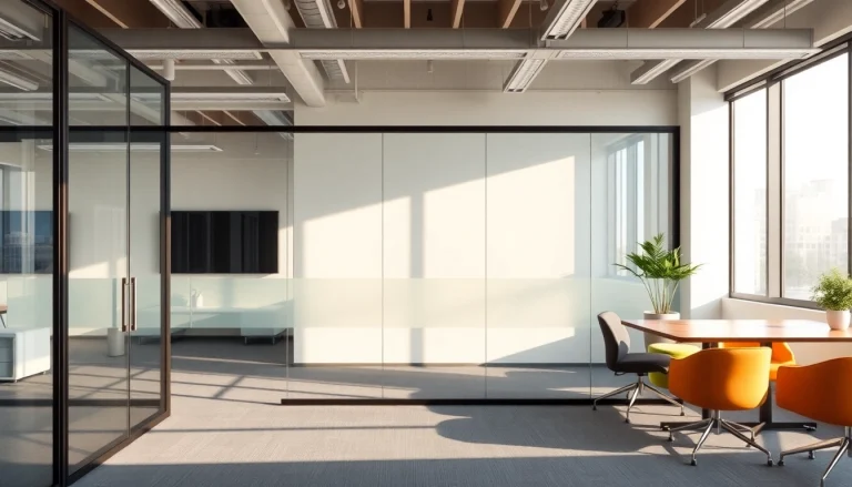 Effortlessly showcasing movable glass partitions that enhance the spaciousness and modern aesthetic of the office environment.