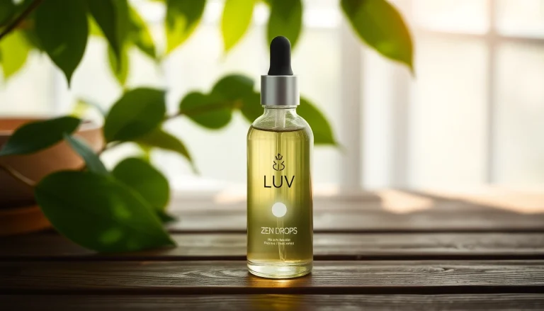 Buy Zen Drops to experience natural relaxation with LUV's soothing dropper bottle and green background.