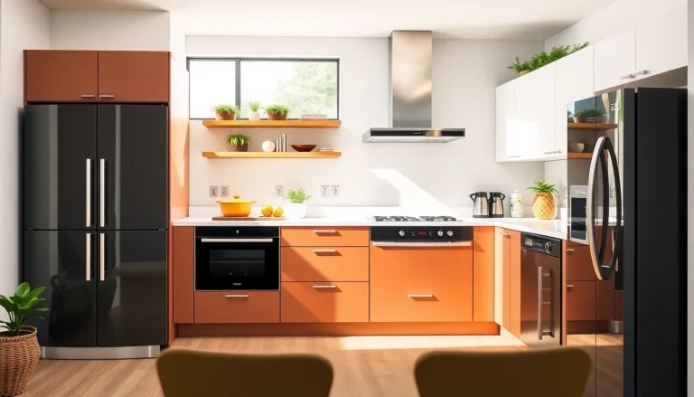 Showcase of affordable kitchen appliances with a modern design, including a stylish refrigerator and oven.