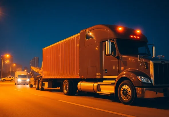 Semi-truck towing Tampa: Professional tow worker efficiently transporting a large semi-truck at night in urban Tampa.