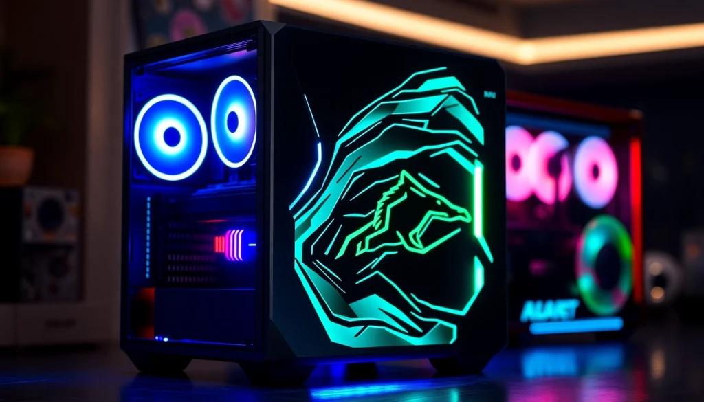 View a stunning custom gaming PC case featuring vibrant LED lights and a futuristic design.