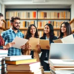 Engaged students discussing how to buy master degree uk in a well-lit academic library.