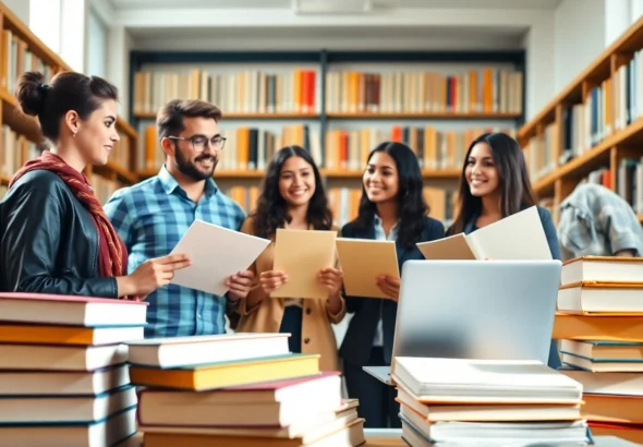Engaged students discussing how to buy master degree uk in a well-lit academic library.