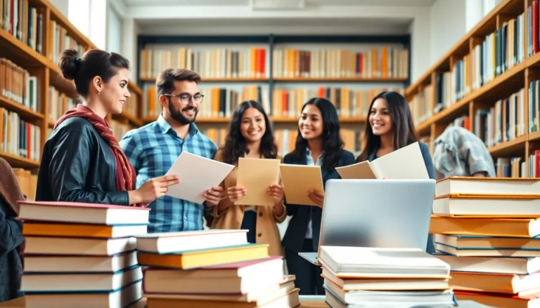 Engaged students discussing how to buy master degree uk in a well-lit academic library.