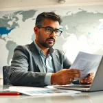 Evaluate export tariffs while analyzing global trade data in an office setting.
