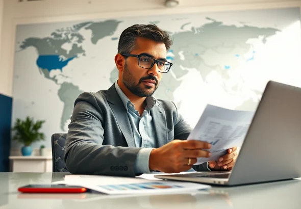 Evaluate export tariffs while analyzing global trade data in an office setting.