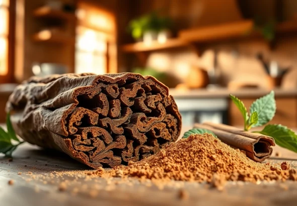 Cinnamon Bark highlighted in a cozy kitchen, showcasing its rich textures and earthy hues.