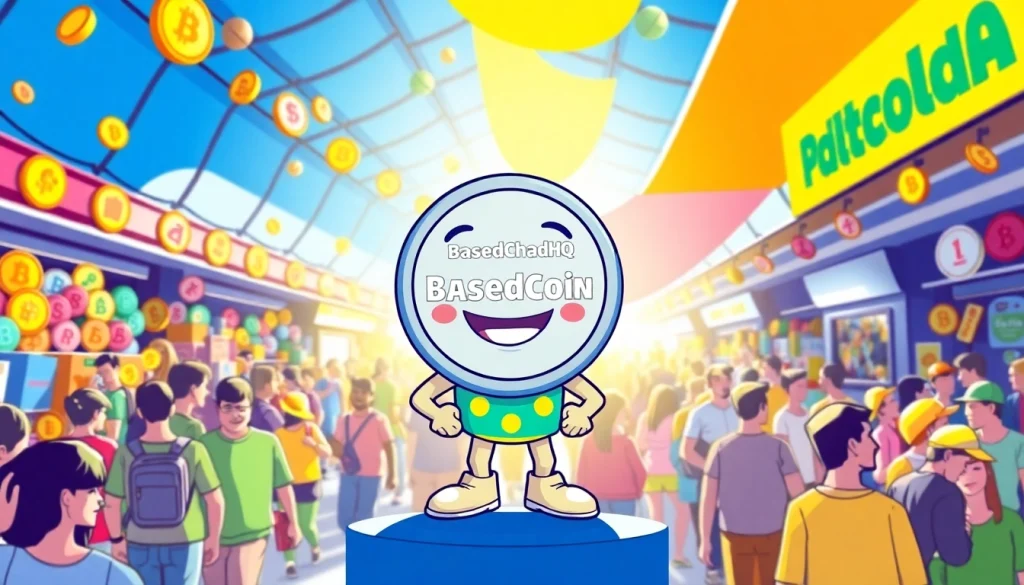 Engage with the BasedChadHQ meme coin cartoon character thriving in a lively crypto marketplace.