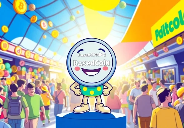 Engage with the BasedChadHQ meme coin cartoon character thriving in a lively crypto marketplace.