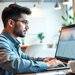 Find competitor pricing as a business professional analyzes data on a laptop in a modern office.