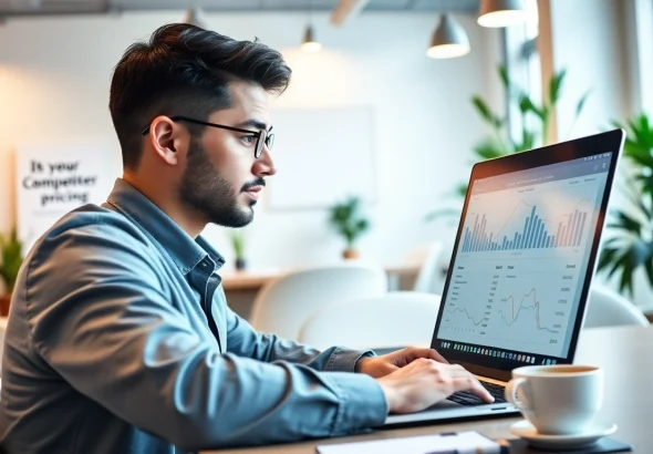 Find competitor pricing as a business professional analyzes data on a laptop in a modern office.