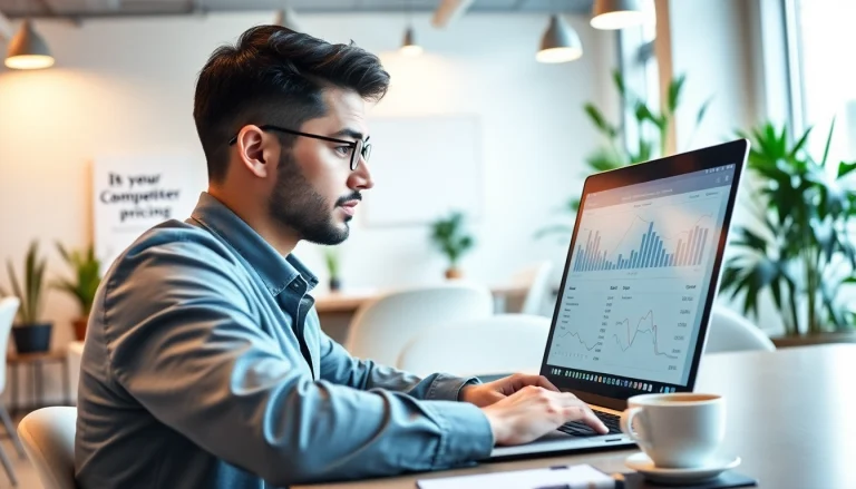Find competitor pricing as a business professional analyzes data on a laptop in a modern office.