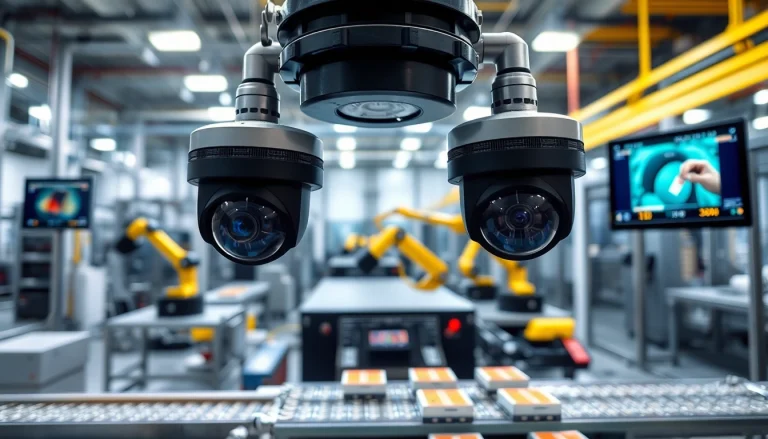 Machine vision system inspecting products on a factory production line with high-resolution cameras.