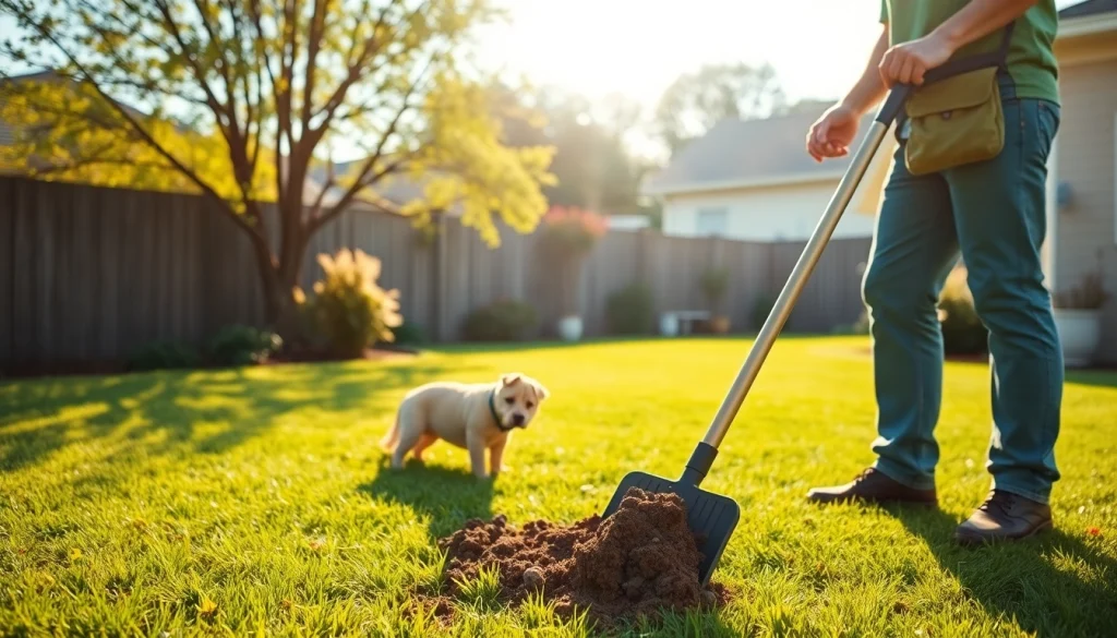 Effortlessly enjoy weekly dog poop scooping service with a professional technician in a vibrant backyard.