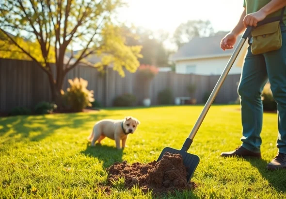 Effortlessly enjoy weekly dog poop scooping service with a professional technician in a vibrant backyard.