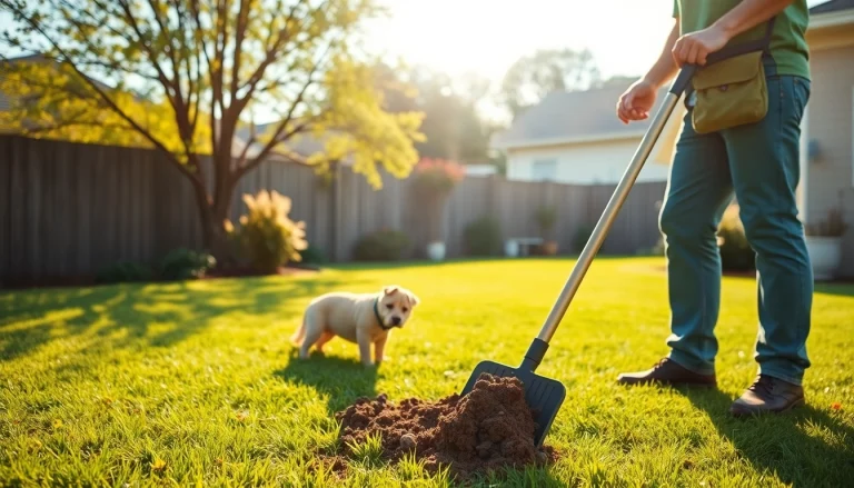Effortlessly enjoy weekly dog poop scooping service with a professional technician in a vibrant backyard.