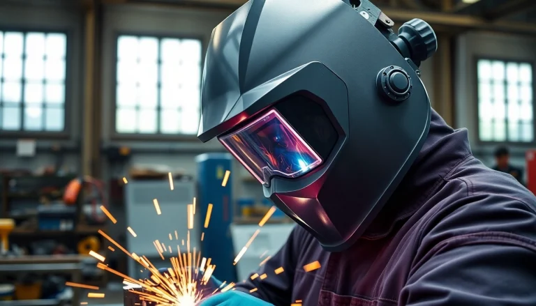 Welder using a speedglas welding helmet, absorbing sparks and focused in an industrial environment.