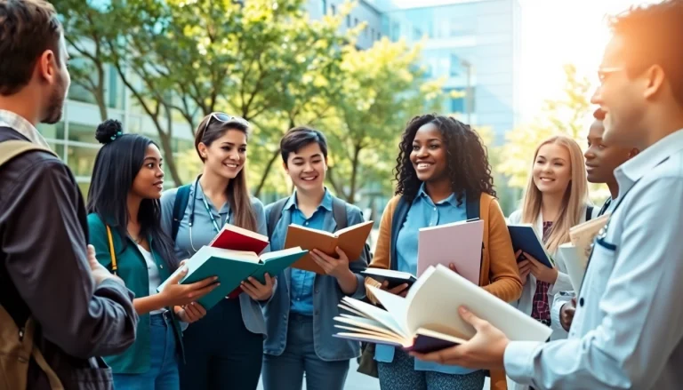 Studierende recherchieren Alternativen zum Medizinstudium in einem modernen Campus.
