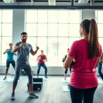 Engaged participants in a gym group training session, showcasing teamwork and fitness.