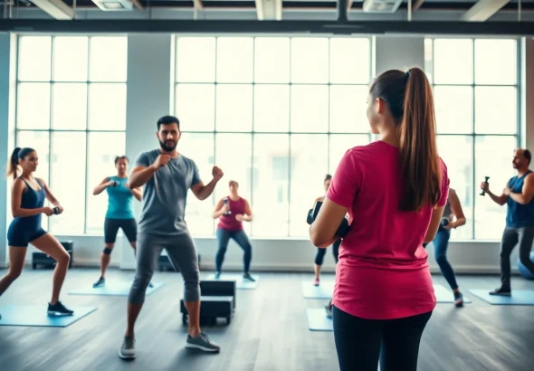 Engaged participants in a gym group training session, showcasing teamwork and fitness.