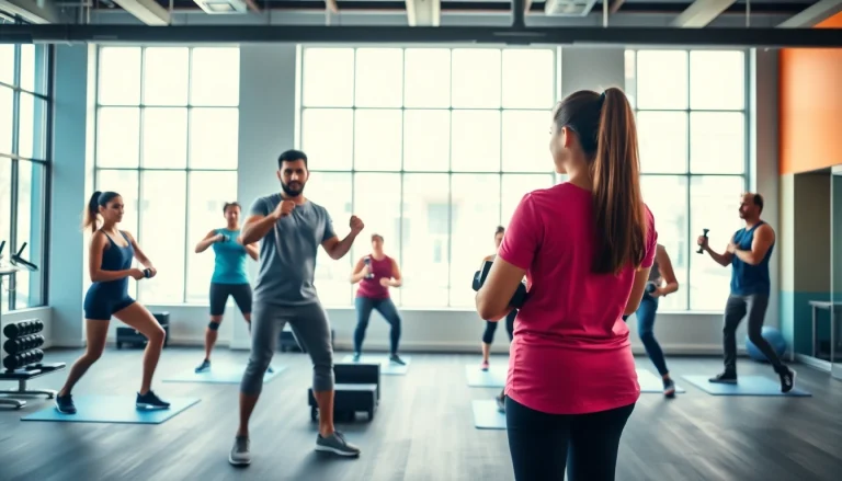 Engaged participants in a gym group training session, showcasing teamwork and fitness.