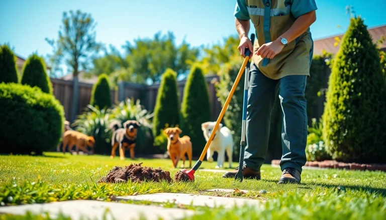 Dog poop pickup service being performed by a professional in a clean backyard.
