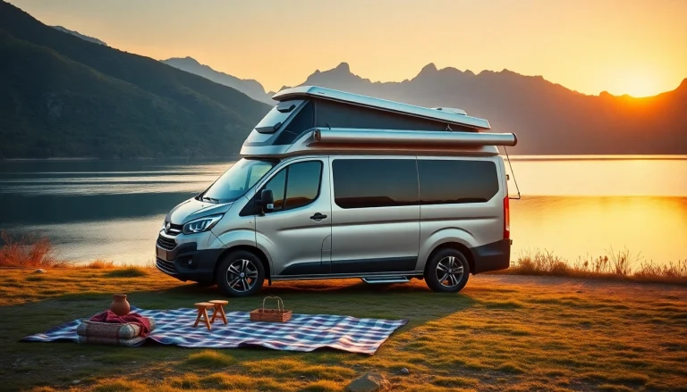 Scenic lakeside view featuring a camper van with a picnic setup during sunset.