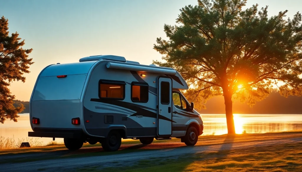 JRP Campers parked by a tranquil lake at sunset, evoking adventure and relaxation.