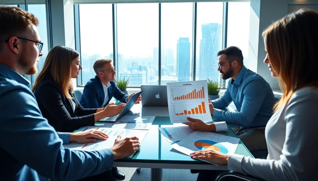 Analyze competitor pricing research during a collaborative business meeting with charts and laptops.