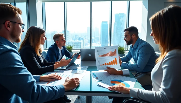 Analyze competitor pricing research during a collaborative business meeting with charts and laptops.